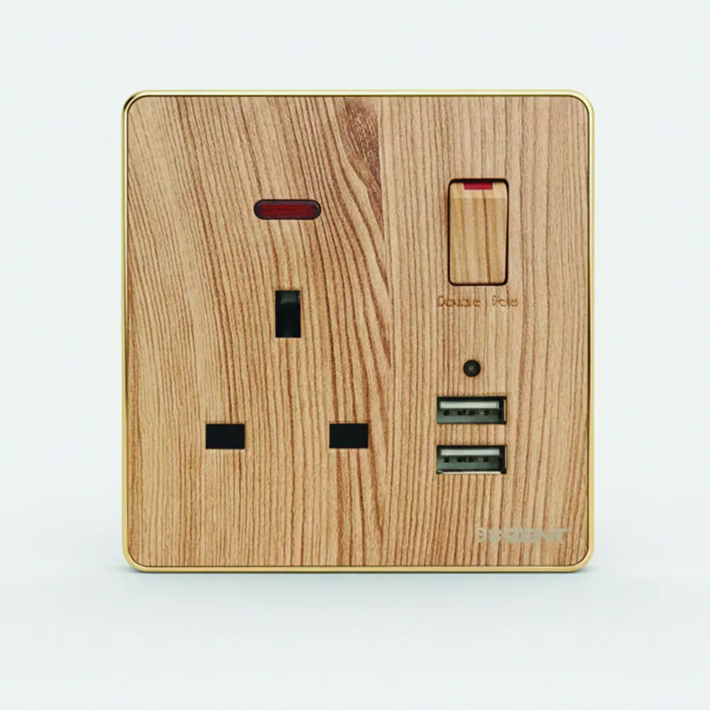 فيش بمفتاح ومنفذَي USB بتشطيب خشبي